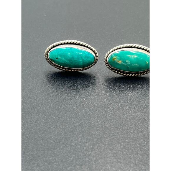 Signed Sterling Silver Turquoise Oval Rope Bezel Post Stud Earrings 17mm - Picture 5 of 14